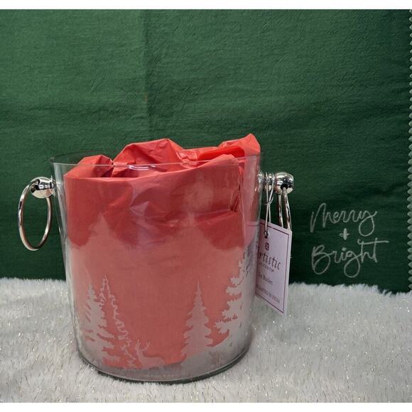 Ice Bucket Glass Etched Evergreen Trees Christmas Trees Silver Handles 6” NEW - Picture 2 of 8